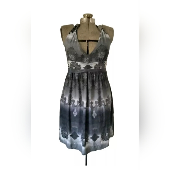 Women's Sundress Sz LG Black & Grey Geometric Pattern Boho Babydoll Dress Lagaci - Picture 1 of 10
